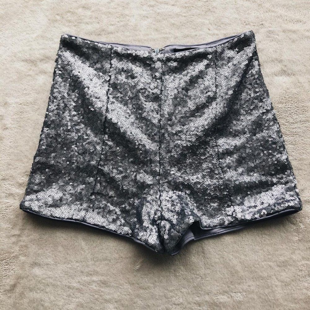 Forever 21 grey muted shiny sequence disco front slits booty shorts🕺